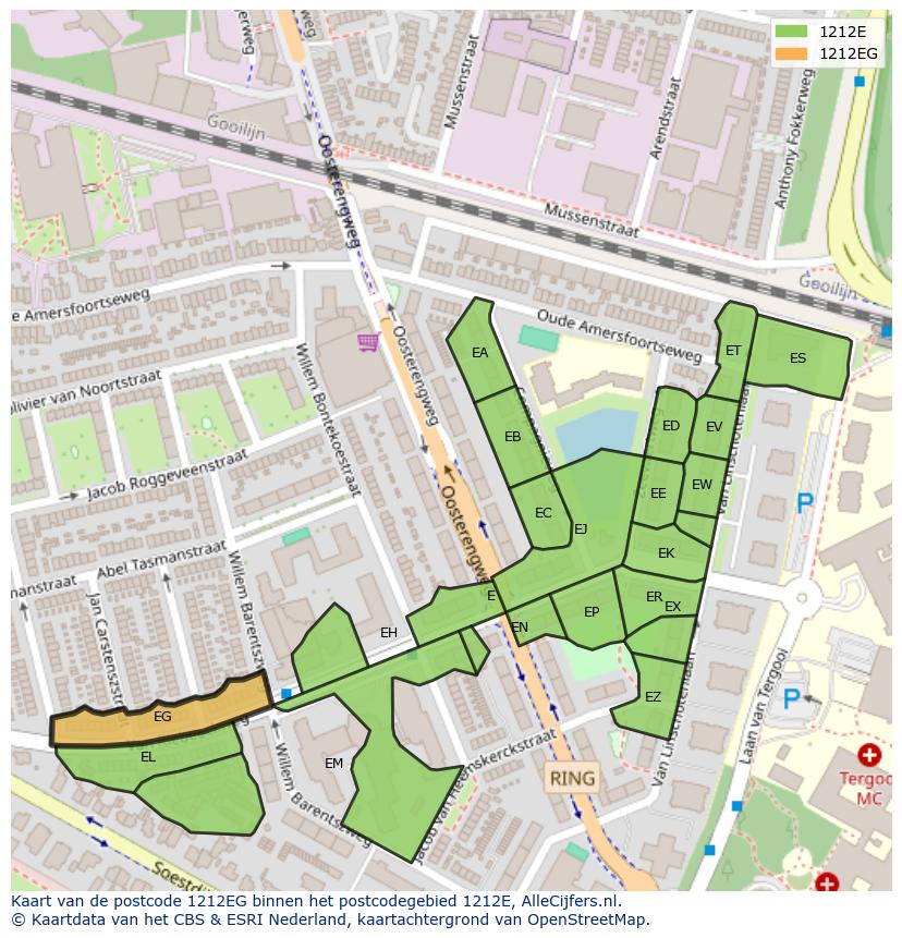 Afbeelding van het postcodegebied 1212 EG op de kaart.