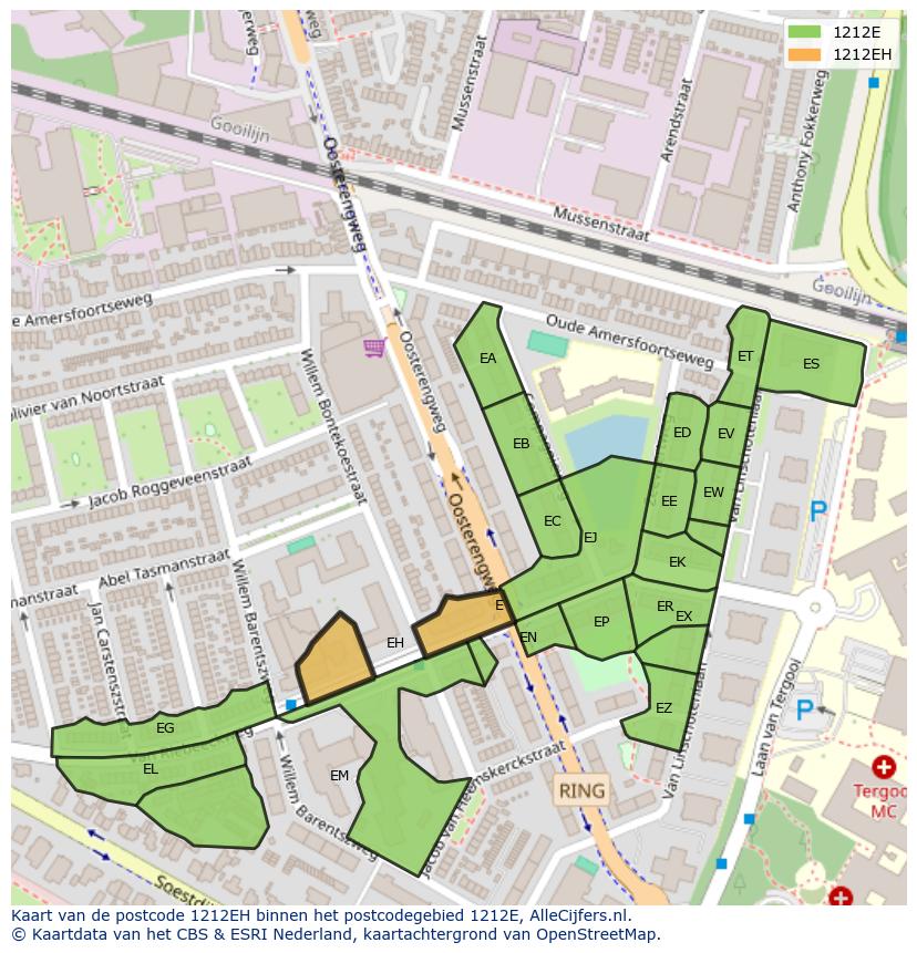 Afbeelding van het postcodegebied 1212 EH op de kaart.