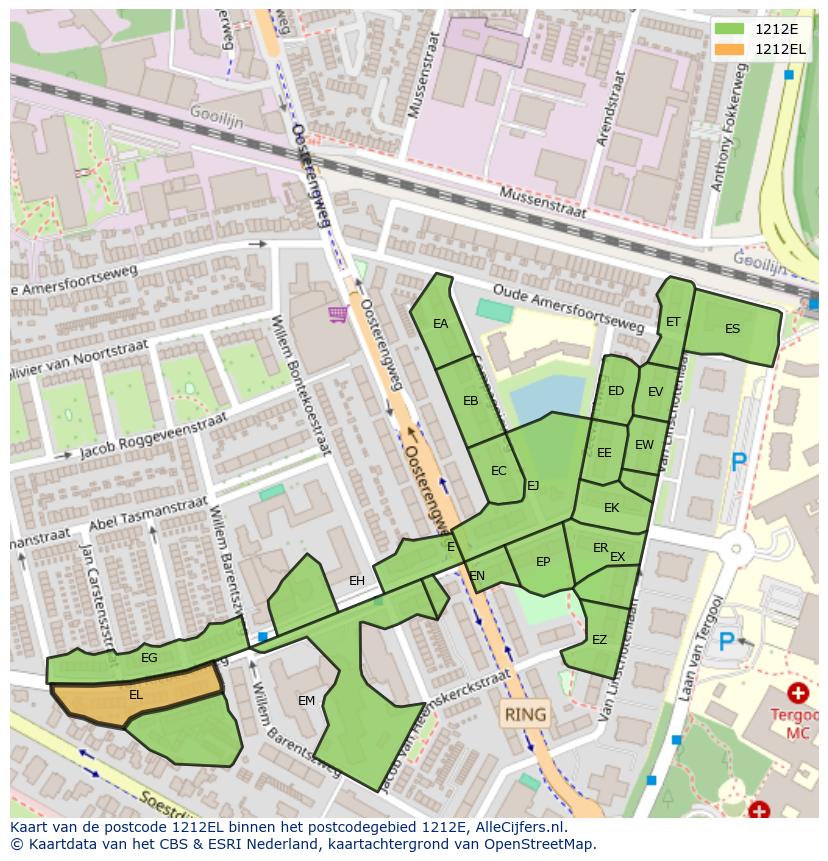 Afbeelding van het postcodegebied 1212 EL op de kaart.