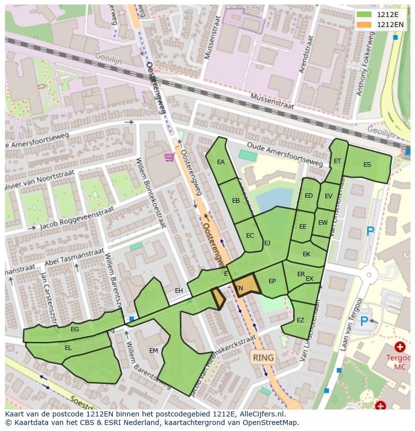 Afbeelding van het postcodegebied 1212 EN op de kaart.