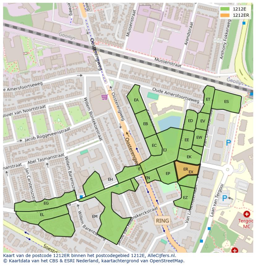 Afbeelding van het postcodegebied 1212 ER op de kaart.