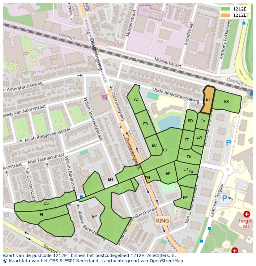 Afbeelding van het postcodegebied 1212 ET op de kaart.