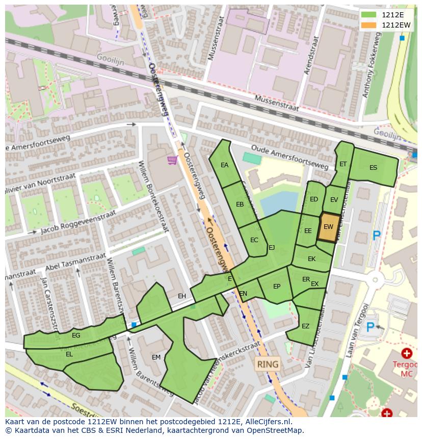 Afbeelding van het postcodegebied 1212 EW op de kaart.