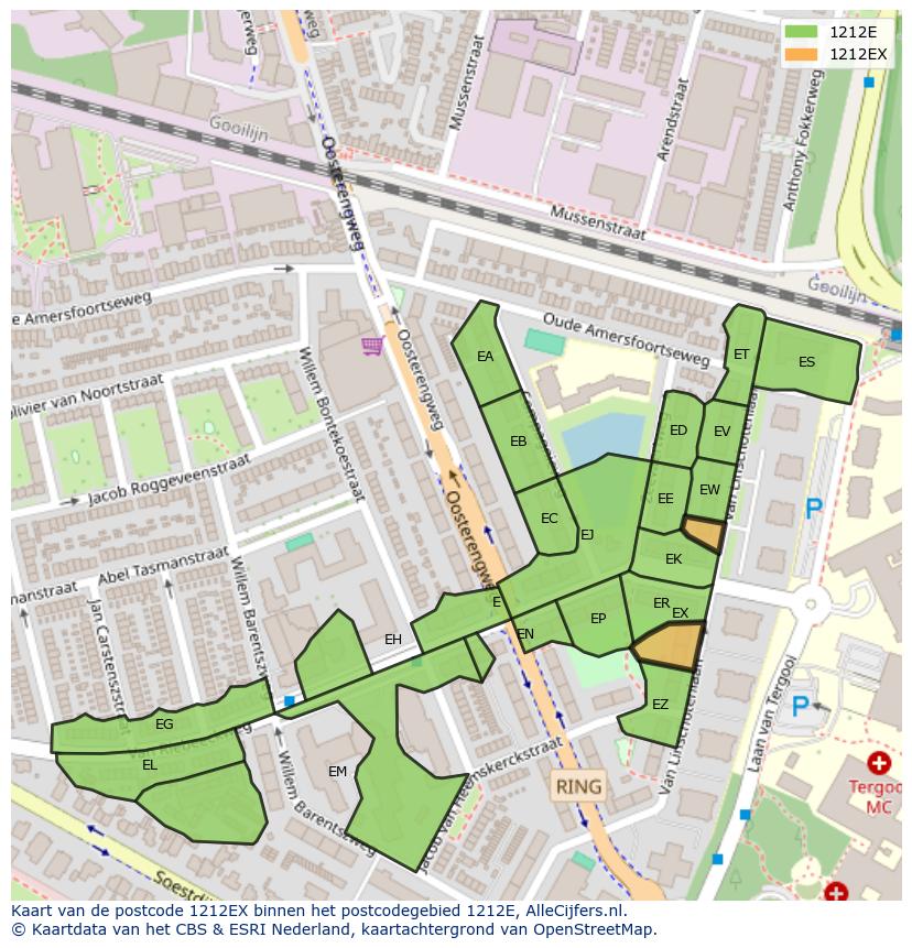Afbeelding van het postcodegebied 1212 EX op de kaart.