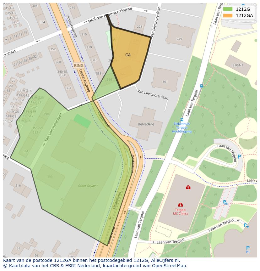 Afbeelding van het postcodegebied 1212 GA op de kaart.