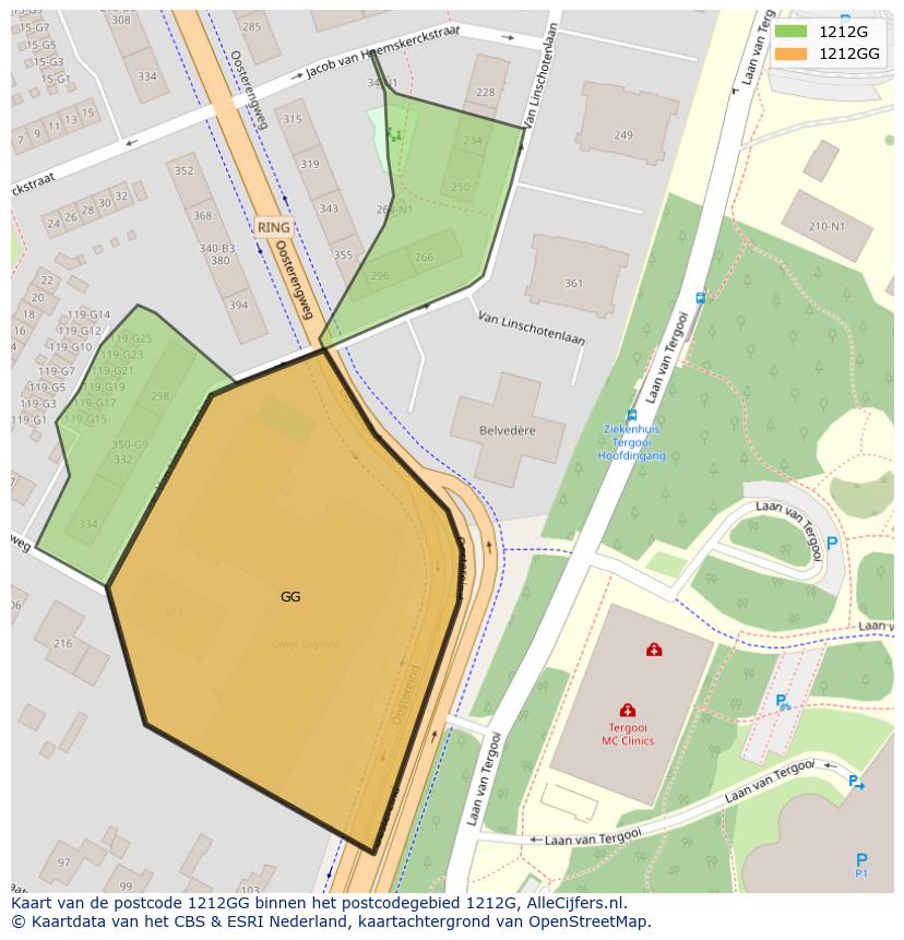 Afbeelding van het postcodegebied 1212 GG op de kaart.