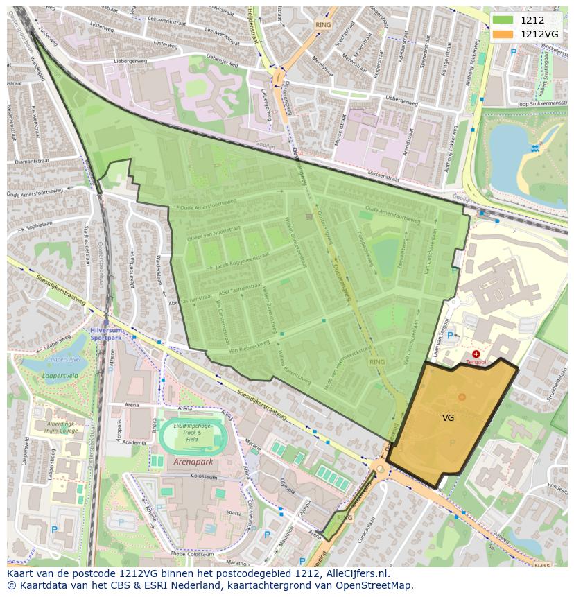 Afbeelding van het postcodegebied 1212 VG op de kaart.