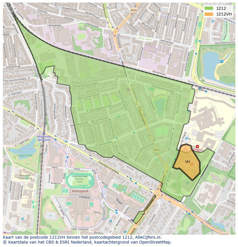 Afbeelding van het postcodegebied 1212 VH op de kaart.