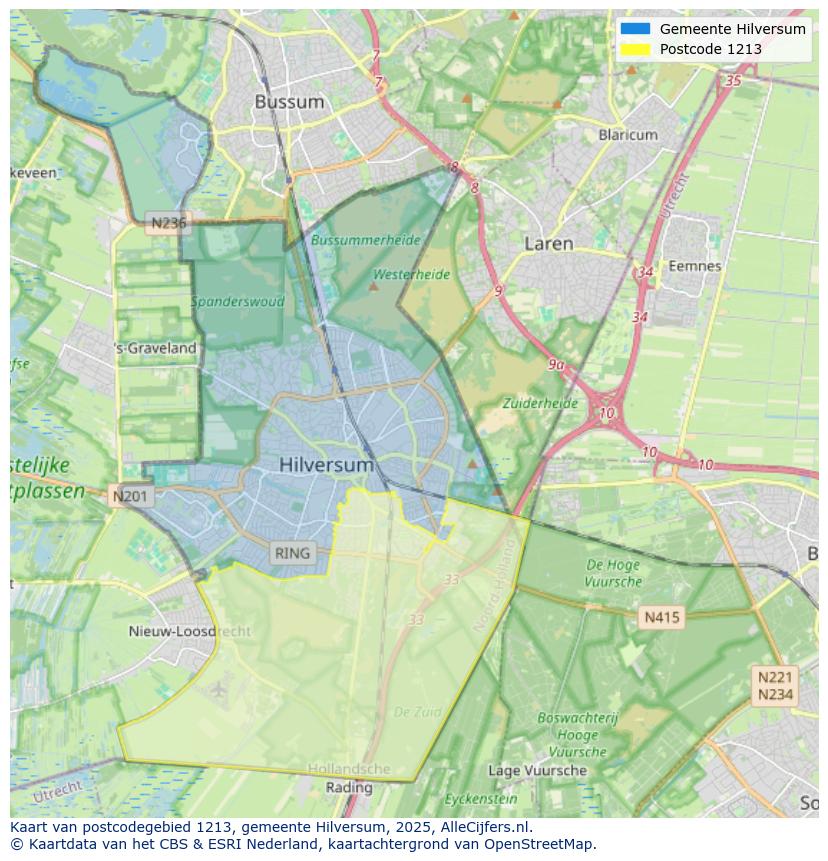 Afbeelding van het postcodegebied 1213 op de kaart.