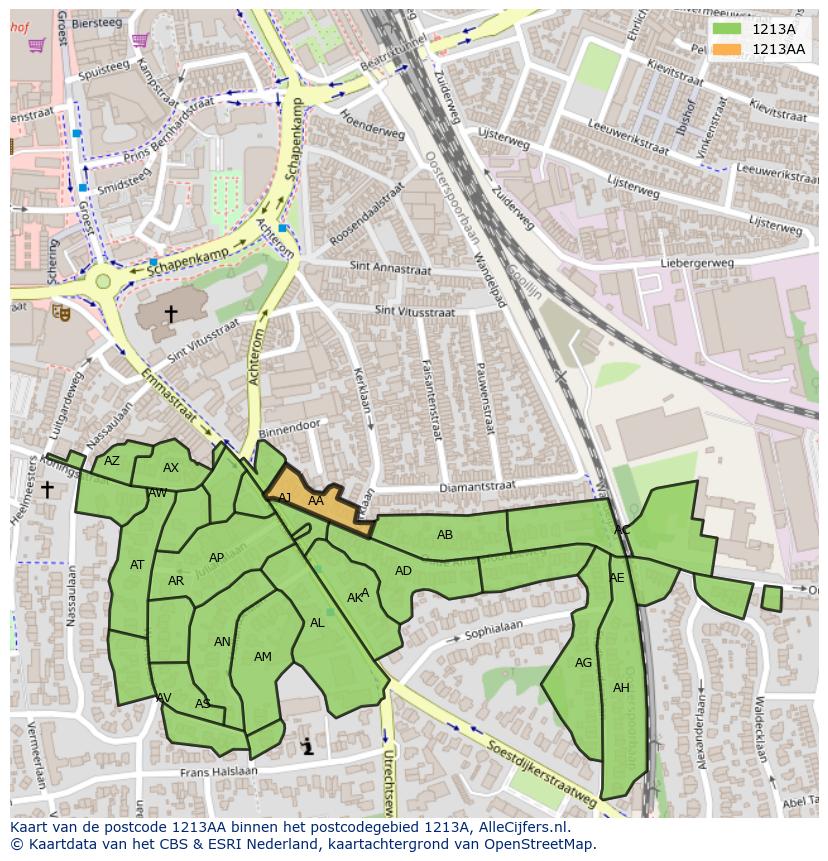 Afbeelding van het postcodegebied 1213 AA op de kaart.