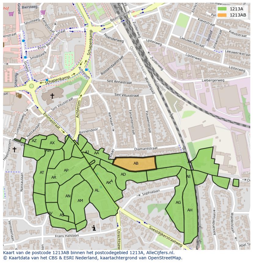 Afbeelding van het postcodegebied 1213 AB op de kaart.