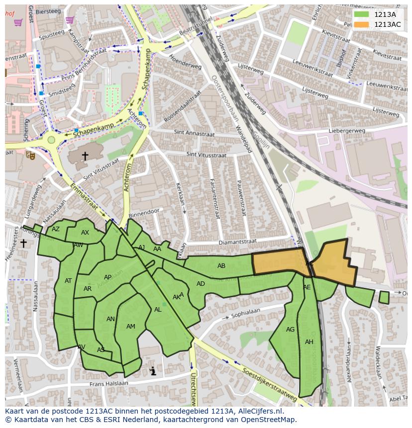 Afbeelding van het postcodegebied 1213 AC op de kaart.