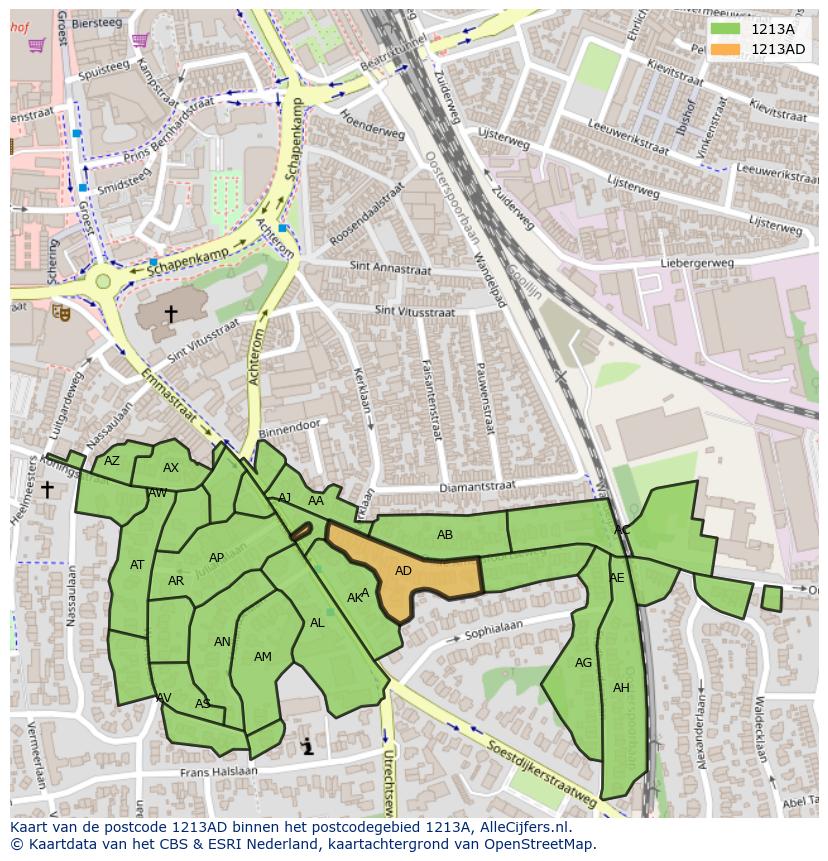 Afbeelding van het postcodegebied 1213 AD op de kaart.