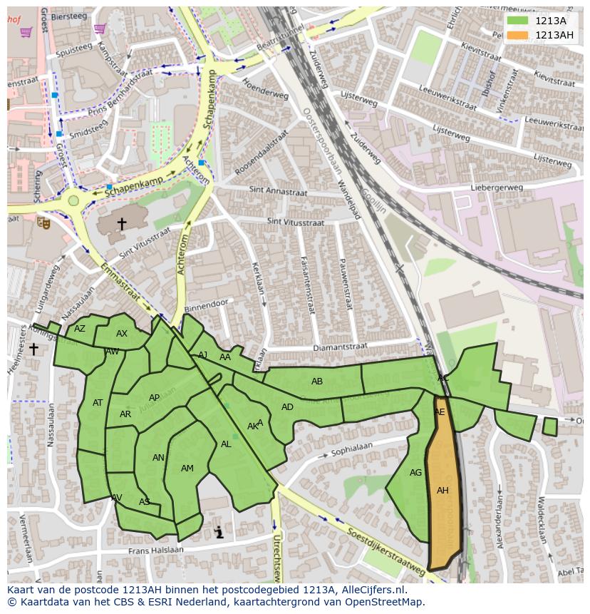 Afbeelding van het postcodegebied 1213 AH op de kaart.