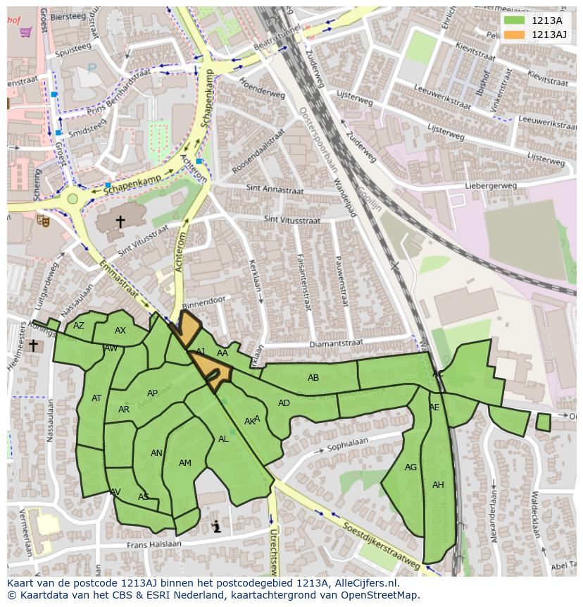 Afbeelding van het postcodegebied 1213 AJ op de kaart.