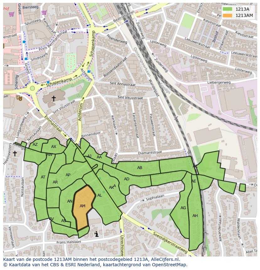 Afbeelding van het postcodegebied 1213 AM op de kaart.