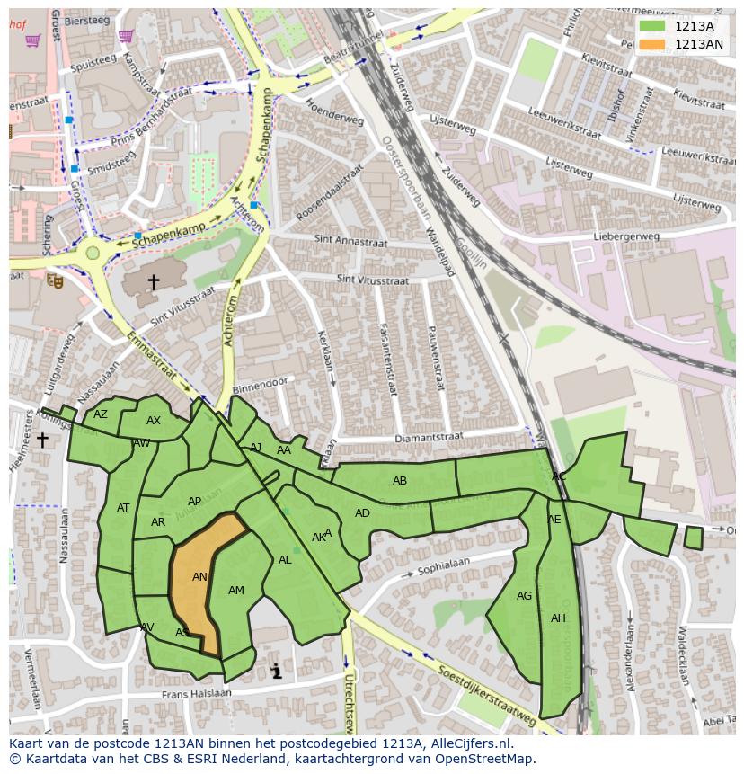 Afbeelding van het postcodegebied 1213 AN op de kaart.