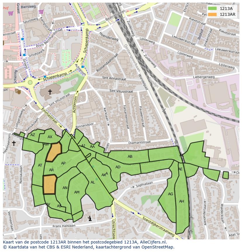 Afbeelding van het postcodegebied 1213 AR op de kaart.