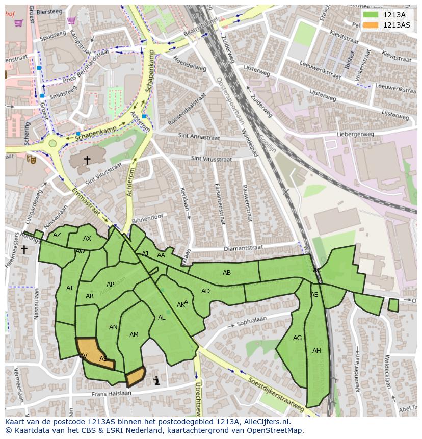 Afbeelding van het postcodegebied 1213 AS op de kaart.