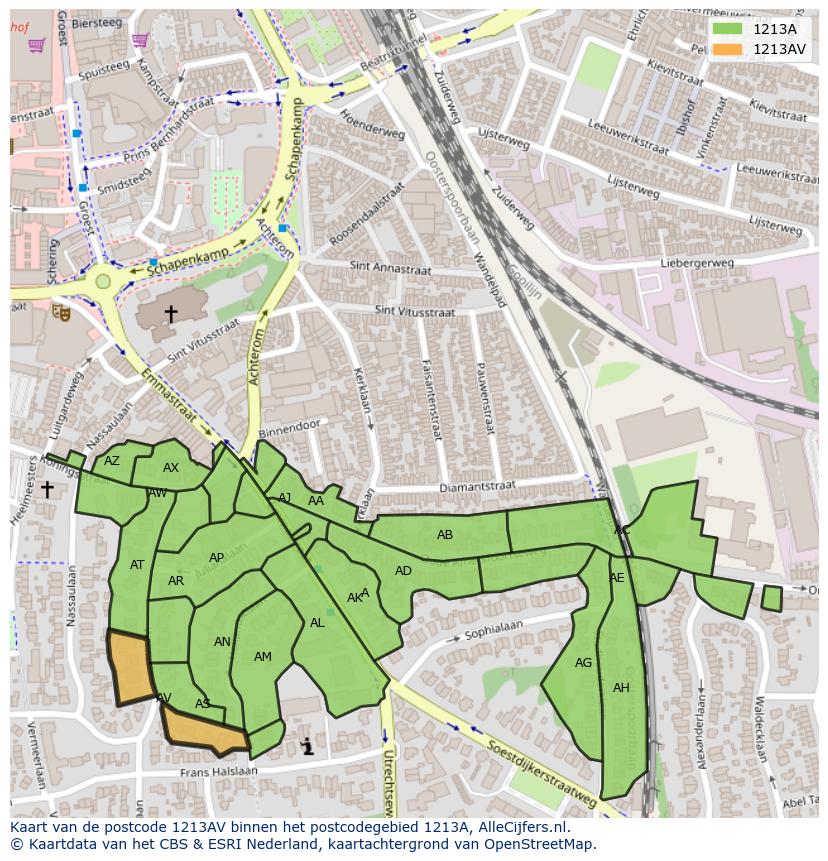 Afbeelding van het postcodegebied 1213 AV op de kaart.
