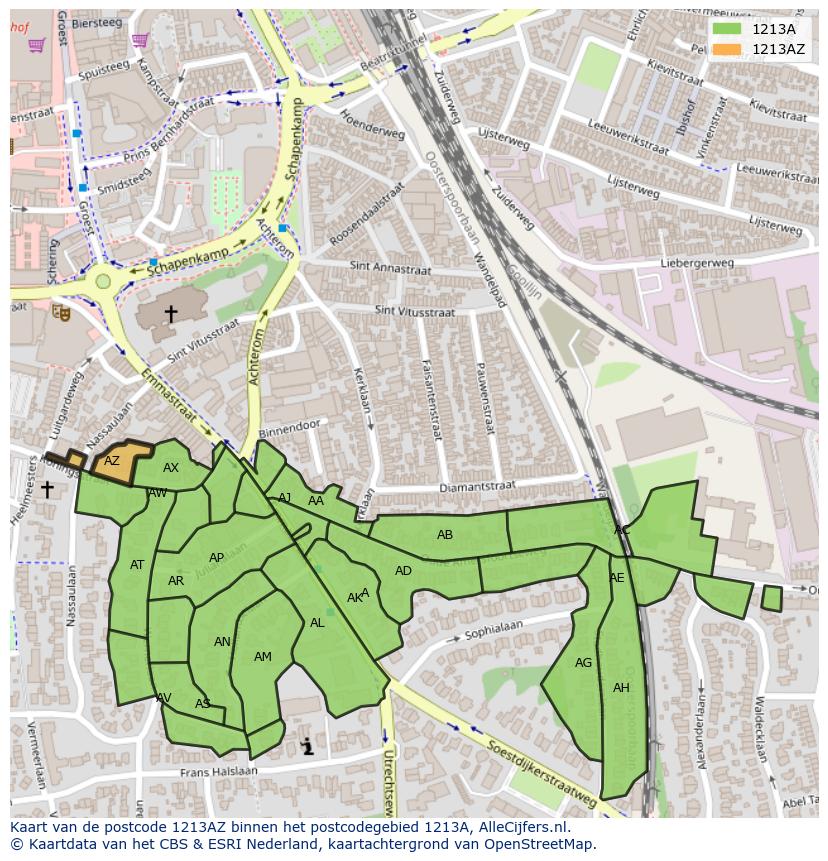 Afbeelding van het postcodegebied 1213 AZ op de kaart.
