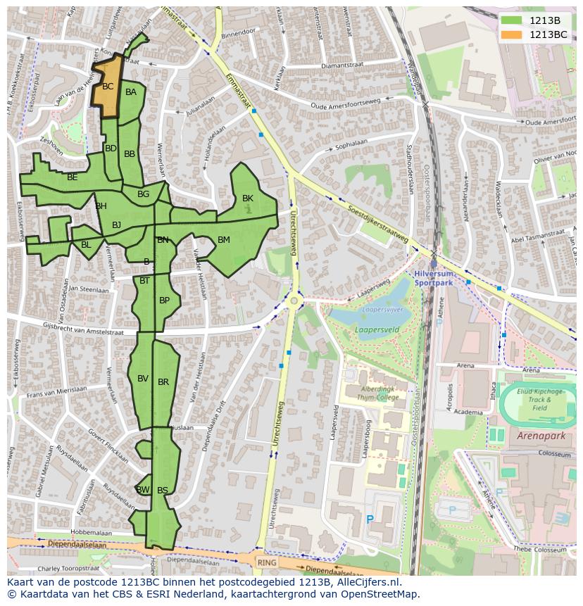 Afbeelding van het postcodegebied 1213 BC op de kaart.