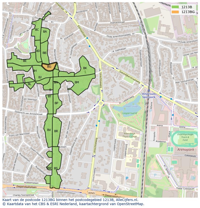 Afbeelding van het postcodegebied 1213 BG op de kaart.