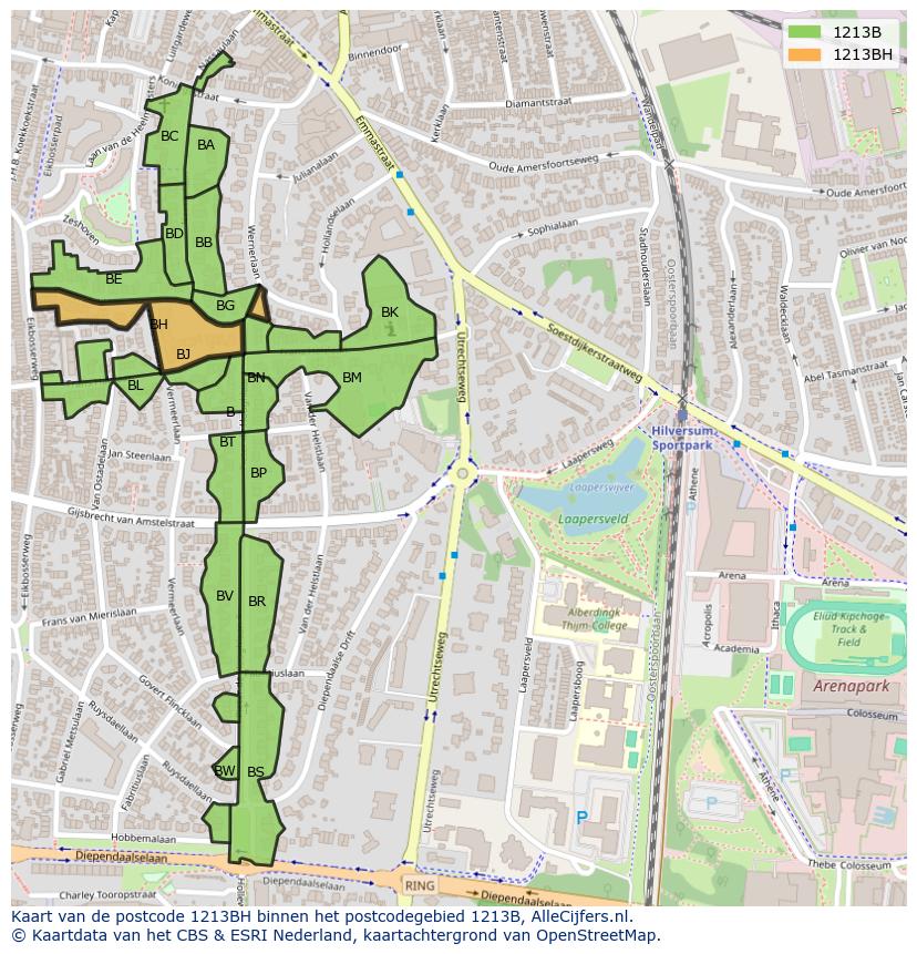 Afbeelding van het postcodegebied 1213 BH op de kaart.