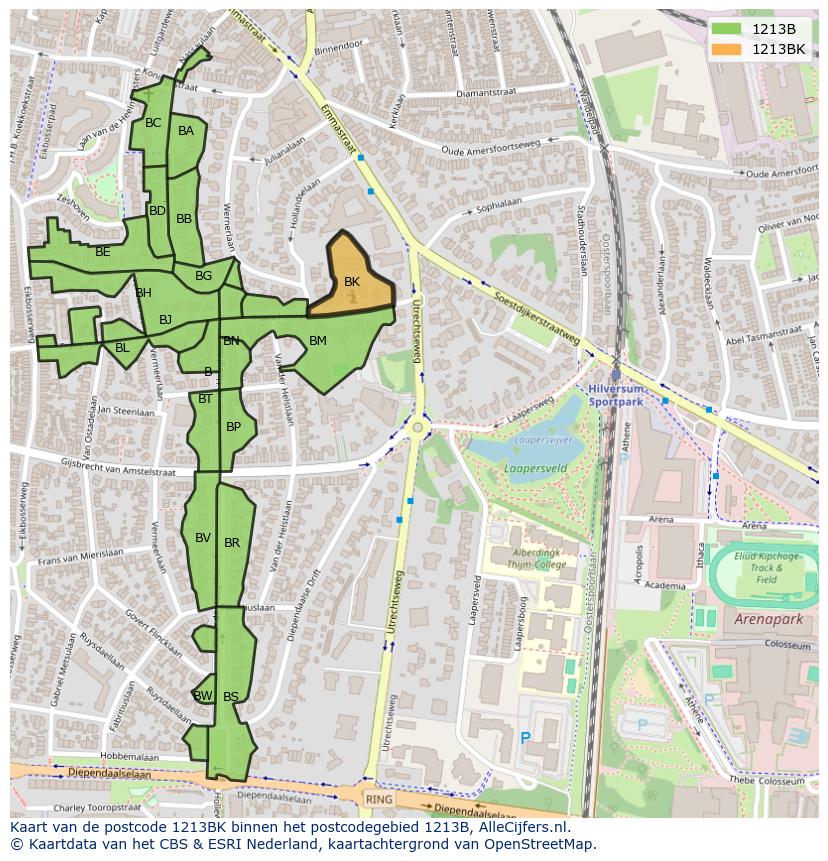Afbeelding van het postcodegebied 1213 BK op de kaart.