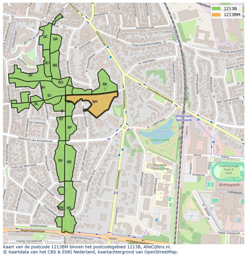 Afbeelding van het postcodegebied 1213 BM op de kaart.