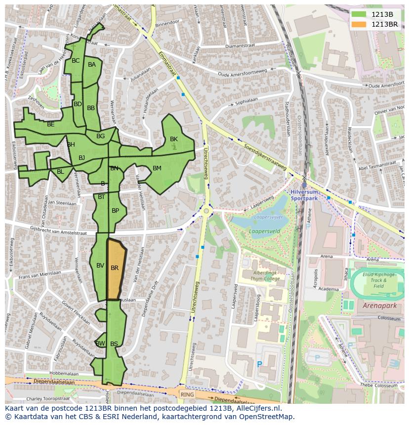 Afbeelding van het postcodegebied 1213 BR op de kaart.