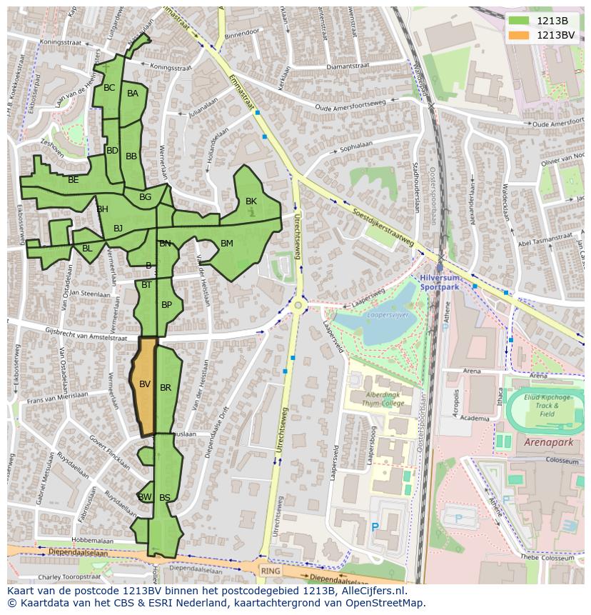 Afbeelding van het postcodegebied 1213 BV op de kaart.
