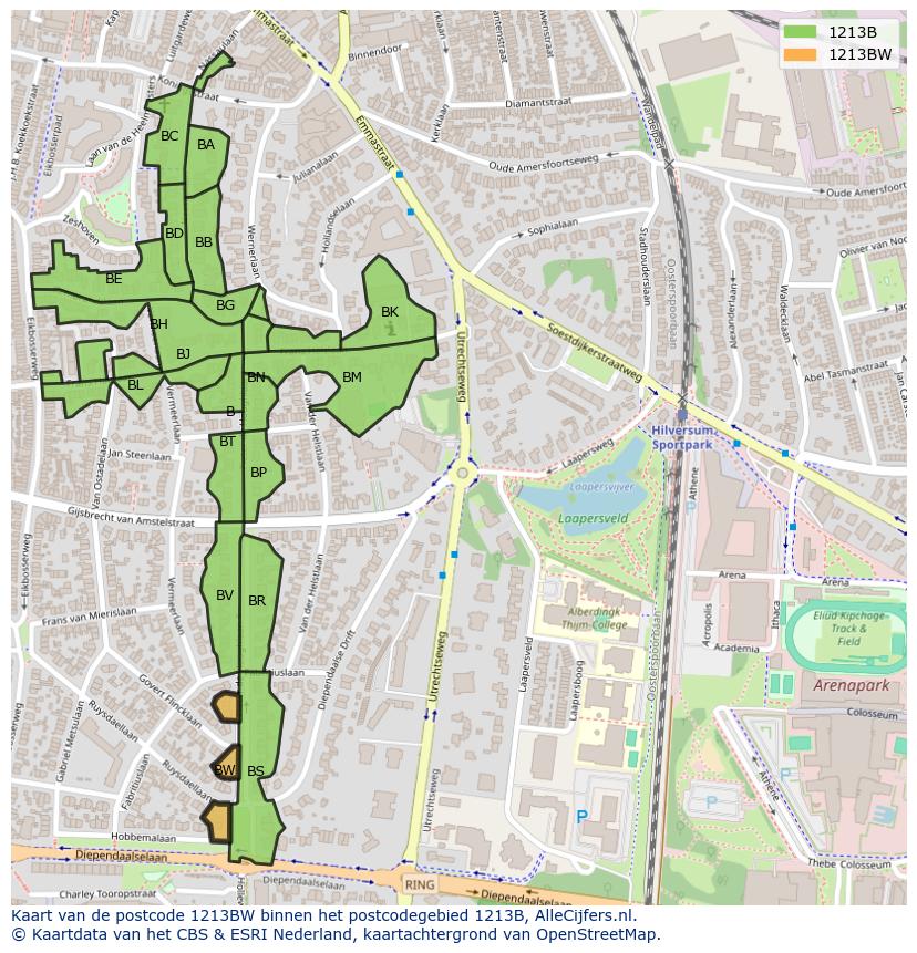 Afbeelding van het postcodegebied 1213 BW op de kaart.