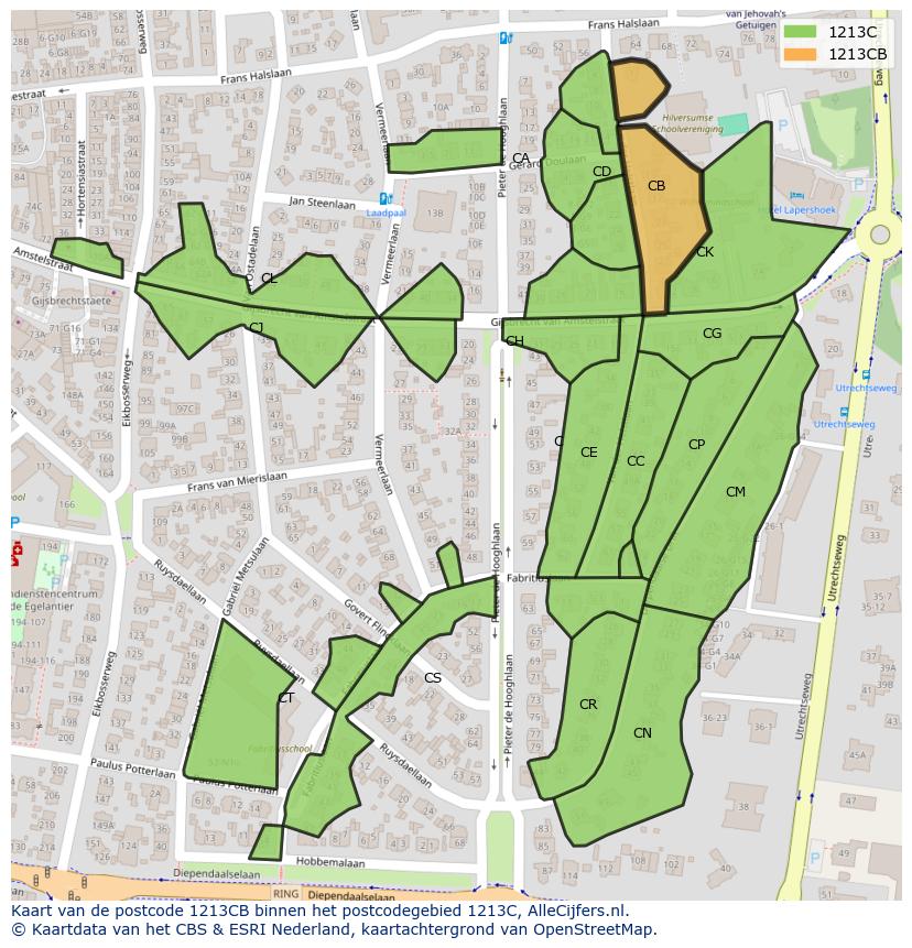 Afbeelding van het postcodegebied 1213 CB op de kaart.