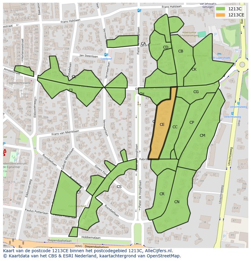 Afbeelding van het postcodegebied 1213 CE op de kaart.
