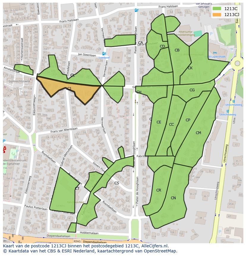 Afbeelding van het postcodegebied 1213 CJ op de kaart.