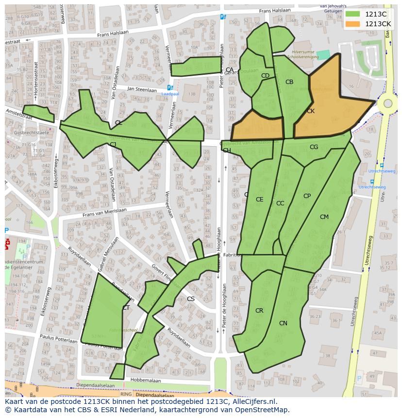Afbeelding van het postcodegebied 1213 CK op de kaart.