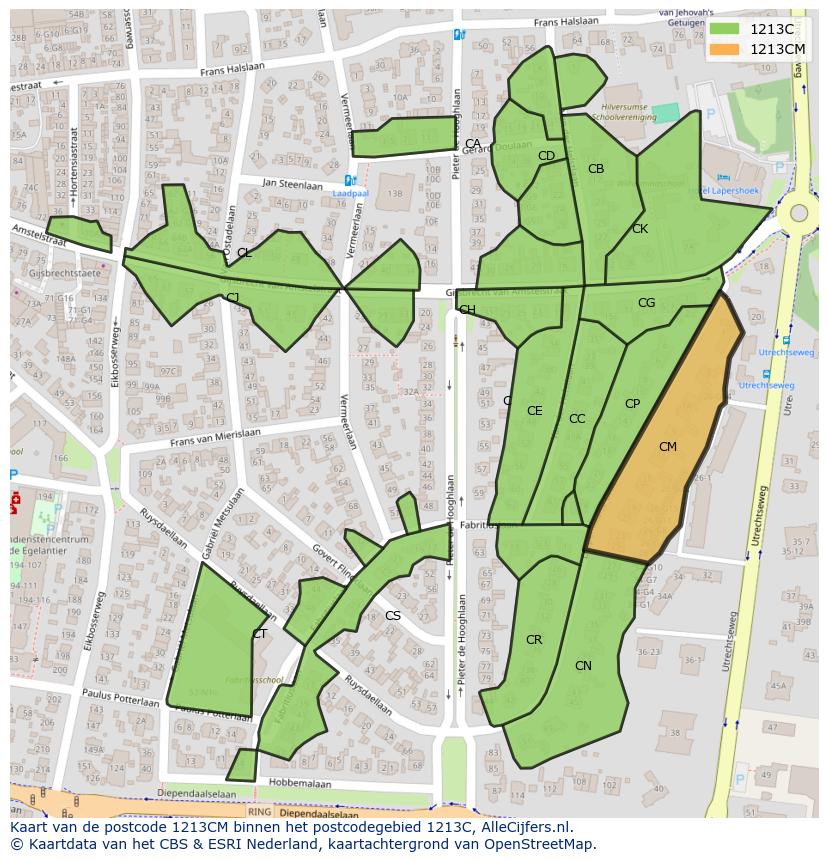 Afbeelding van het postcodegebied 1213 CM op de kaart.