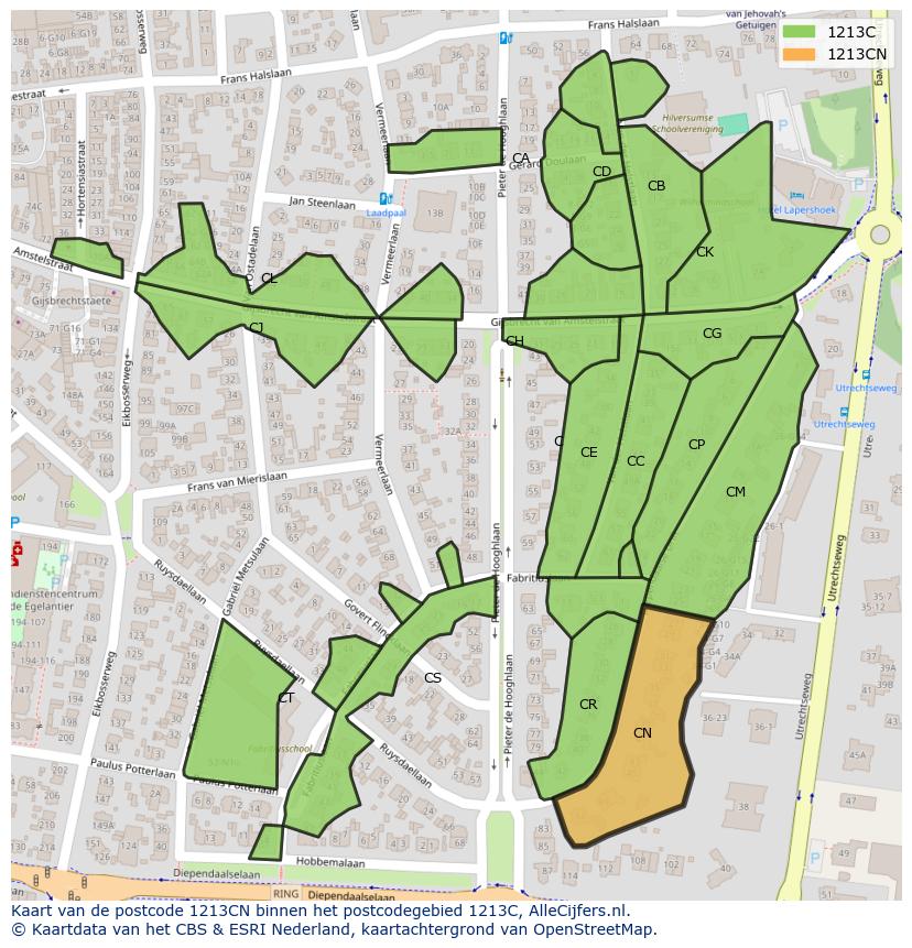 Afbeelding van het postcodegebied 1213 CN op de kaart.