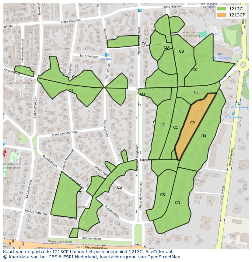 Afbeelding van het postcodegebied 1213 CP op de kaart.