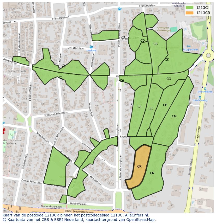 Afbeelding van het postcodegebied 1213 CR op de kaart.