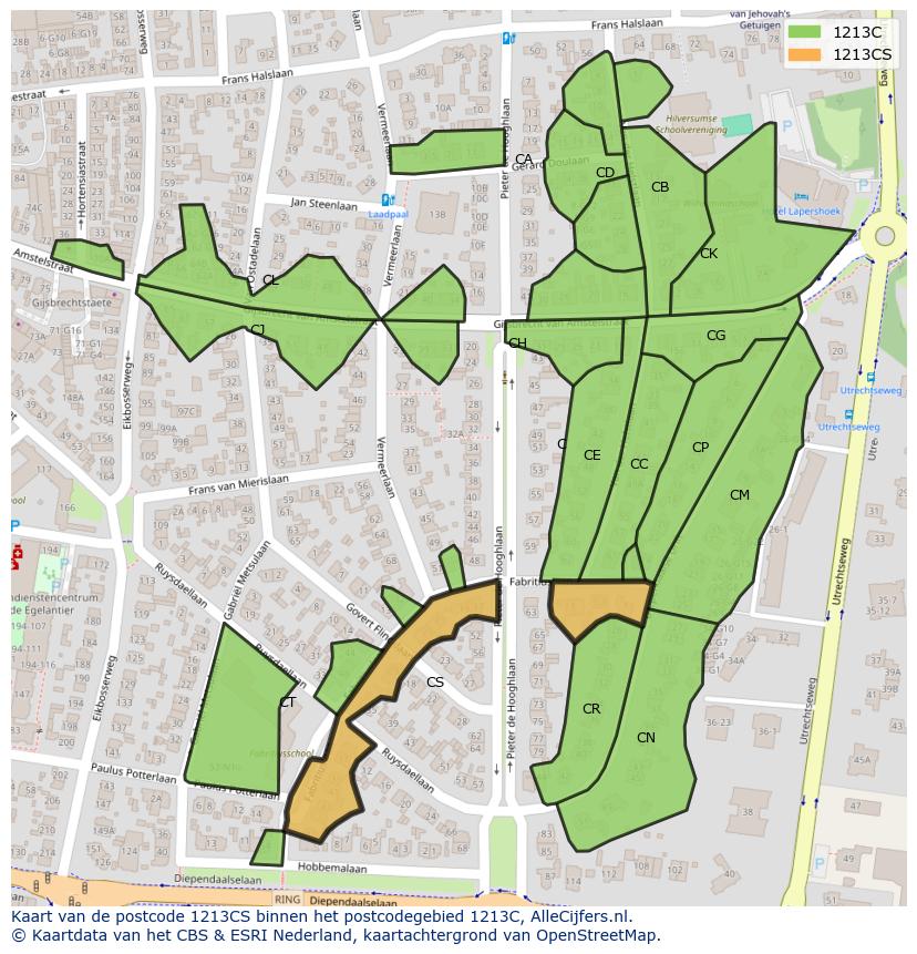 Afbeelding van het postcodegebied 1213 CS op de kaart.