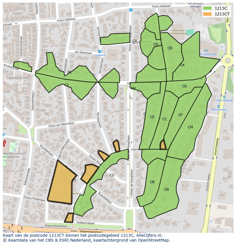 Afbeelding van het postcodegebied 1213 CT op de kaart.