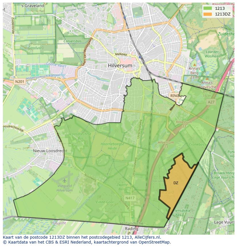 Afbeelding van het postcodegebied 1213 DZ op de kaart.