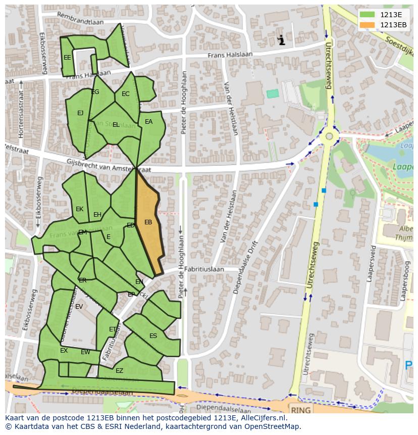 Afbeelding van het postcodegebied 1213 EB op de kaart.