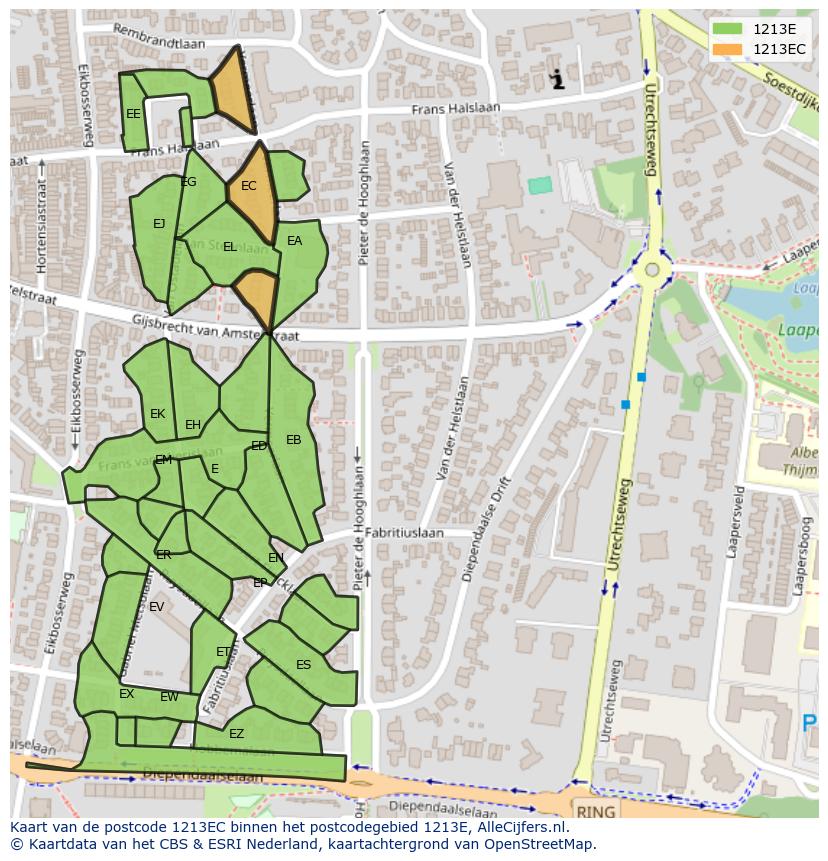 Afbeelding van het postcodegebied 1213 EC op de kaart.