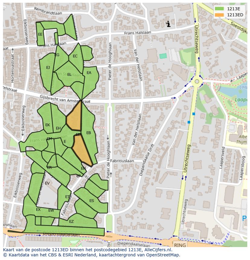 Afbeelding van het postcodegebied 1213 ED op de kaart.