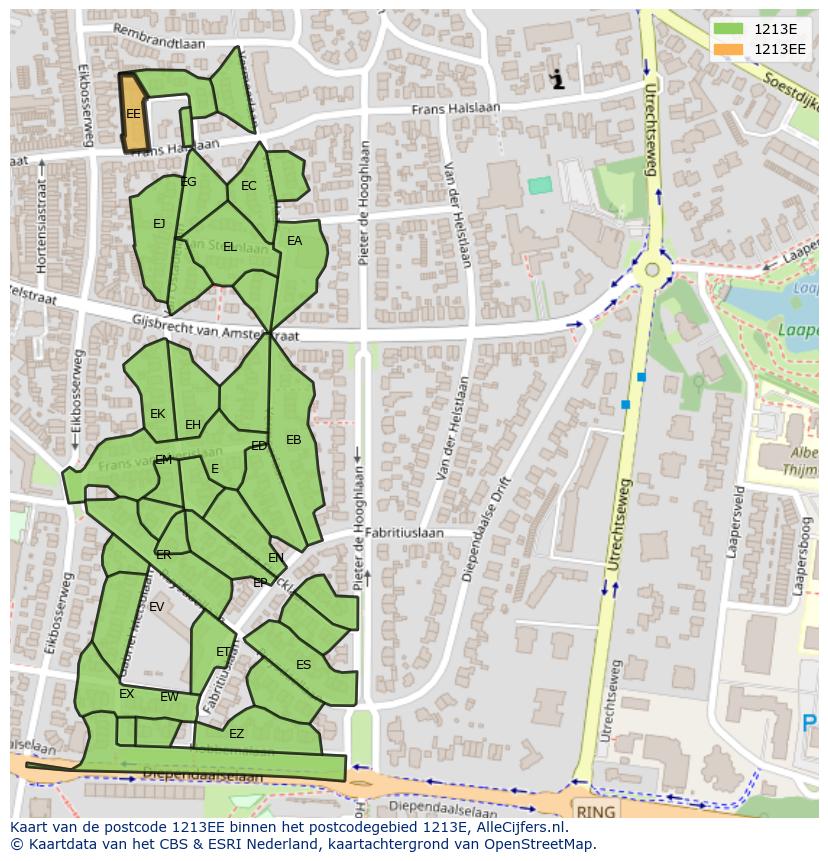 Afbeelding van het postcodegebied 1213 EE op de kaart.