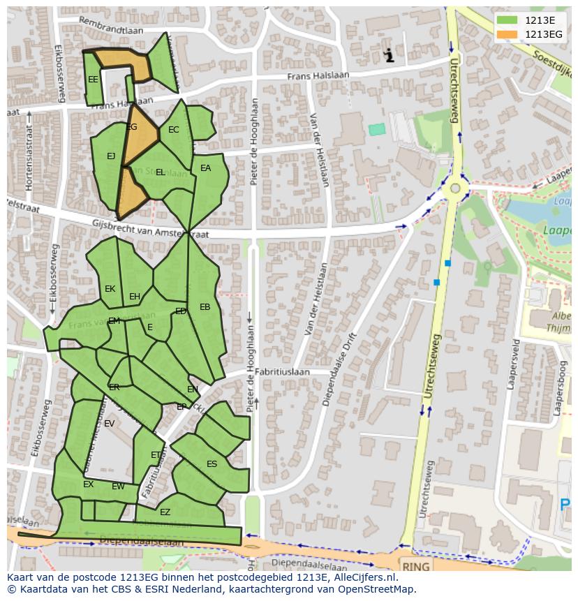 Afbeelding van het postcodegebied 1213 EG op de kaart.