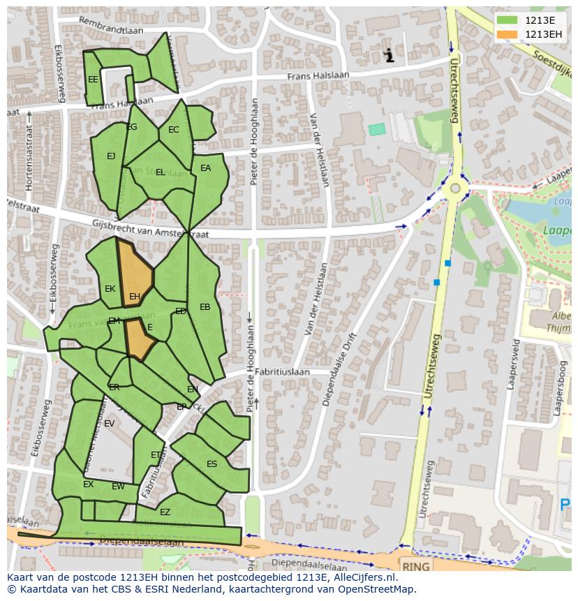 Afbeelding van het postcodegebied 1213 EH op de kaart.